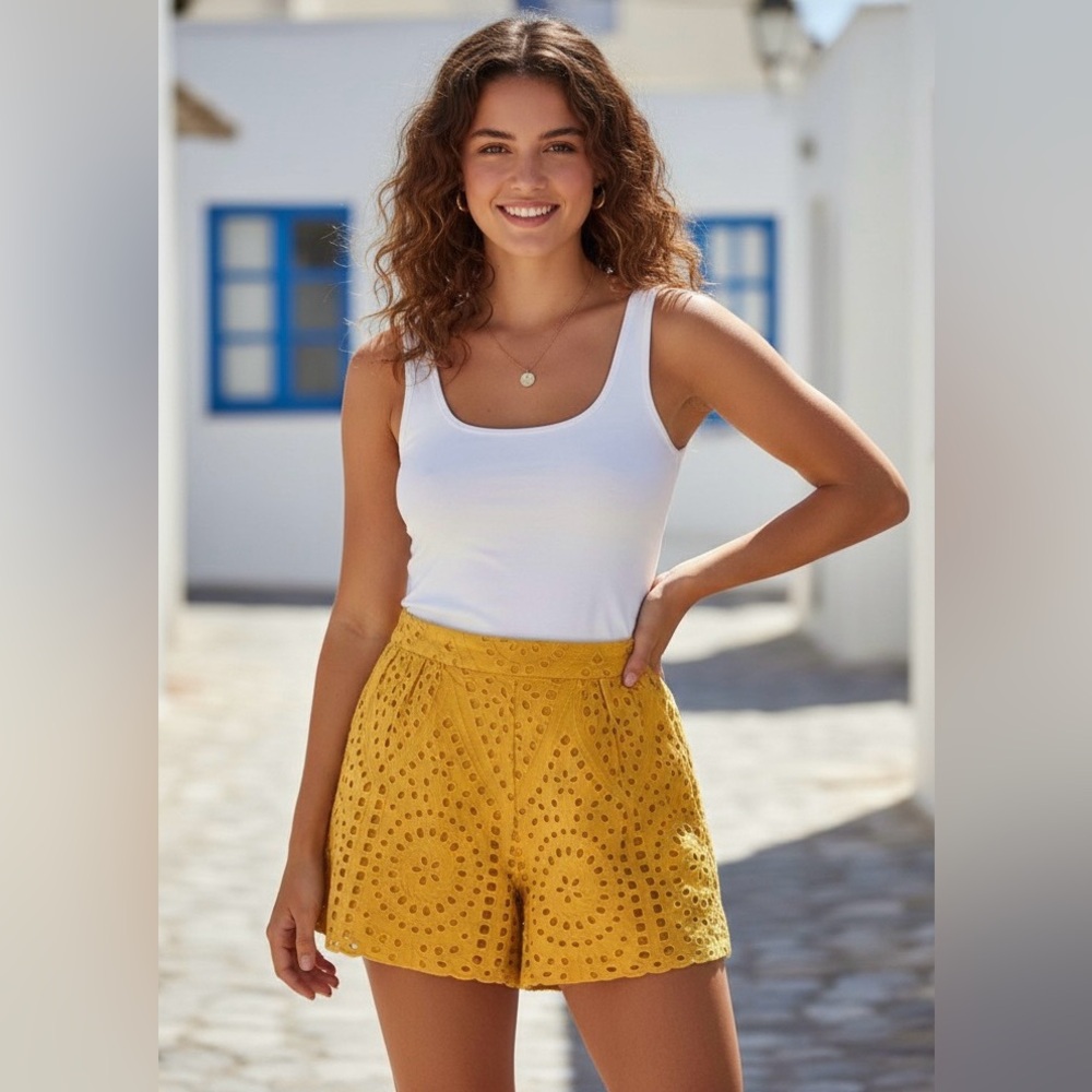 BCBGMAXAZRIA rich yellow, embroidered, lined shorts. Great condition, Small.